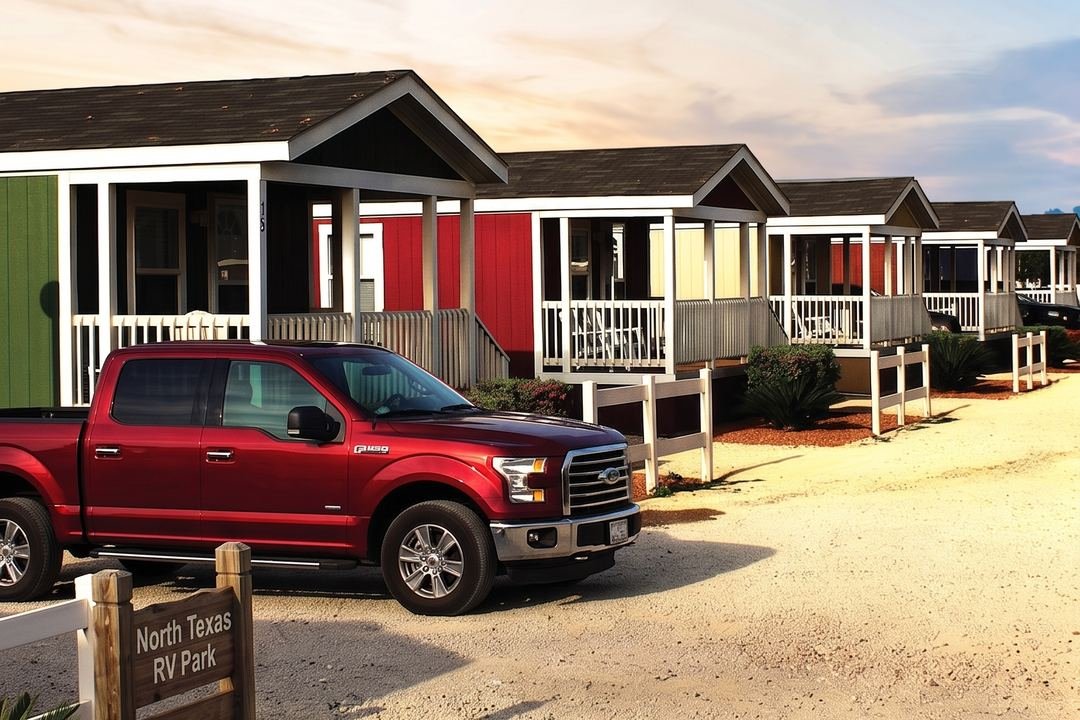 Row of tiny home rentals with covered porches at North Texas RV Park